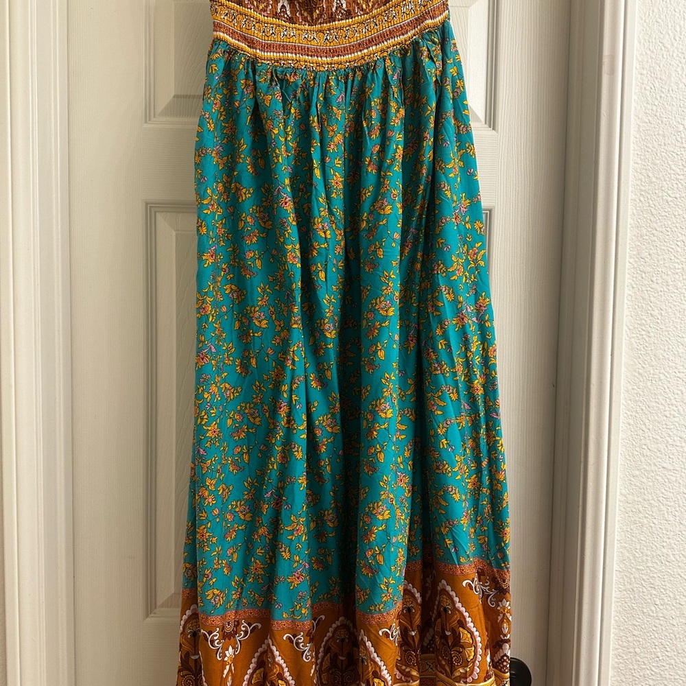 Elegant Floral Jumpsuit - Turquoise and Brown